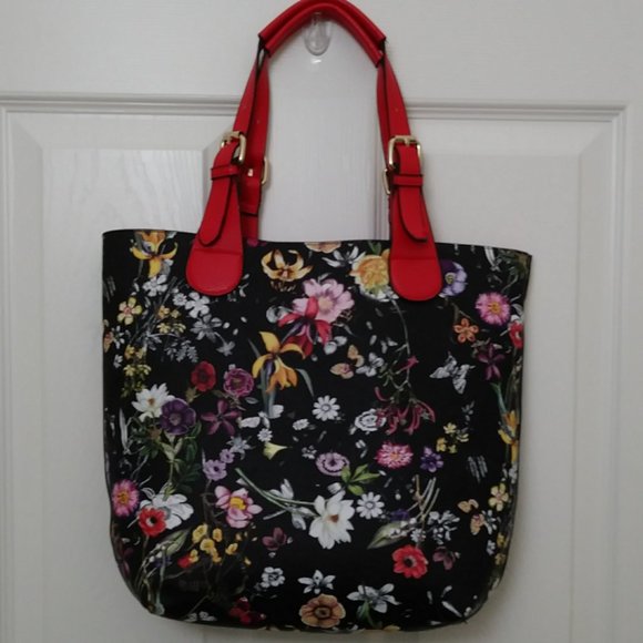 Black Floral Vegan Carry Tote Shoulder Bag 2 PC. - Picture 2 of 16